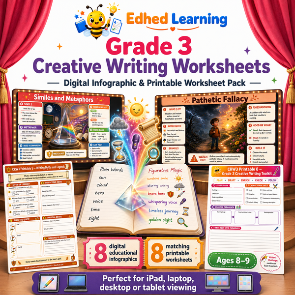 Grade 3 Creative Writing Worksheets digital course with 8 infographics and 8 A4 printable worksheets for ages 8 to 9