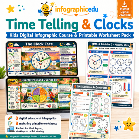 A colourful infographic teaching a child to read an analogue clock and tell the time