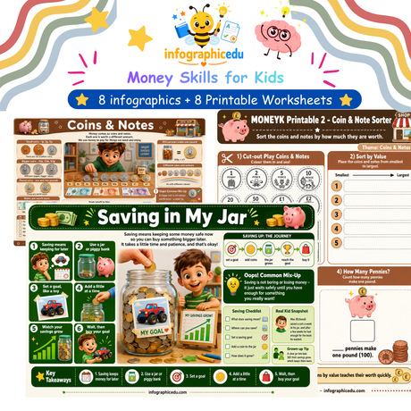 A colourful infographic teaching children about coins, saving and spending money