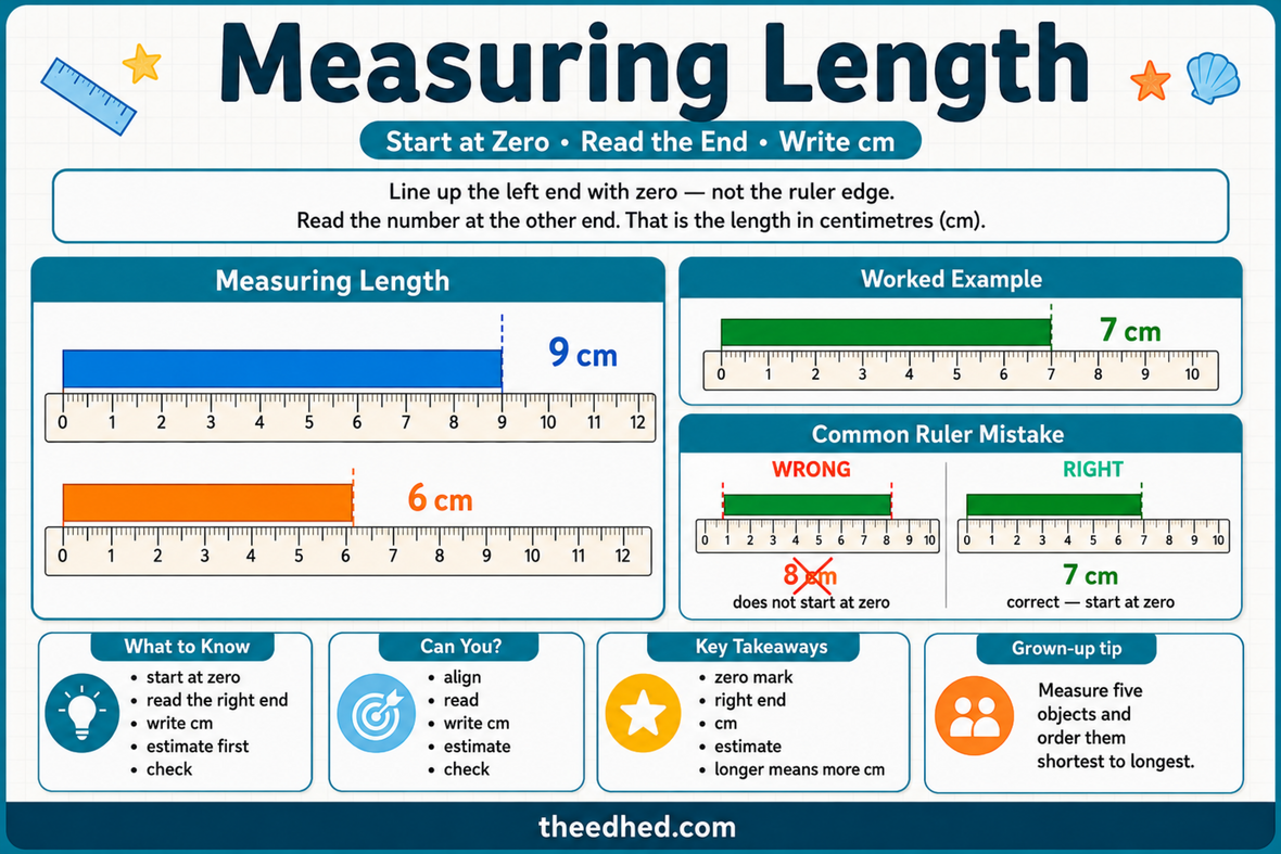 Measuring length in centimetres Grade 1 maths infographic from Edhed Learning