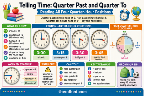 Quarter past and quarter to Grade 1 telling time infographic from Edhed Learning