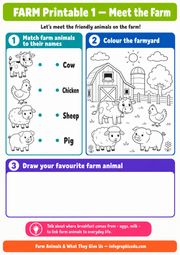 Meet the Farm Animals printable matching and colouring worksheet