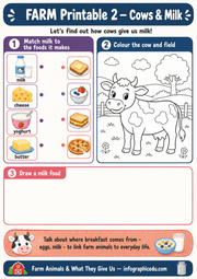 Cows and Milk printable matching and colouring worksheet
