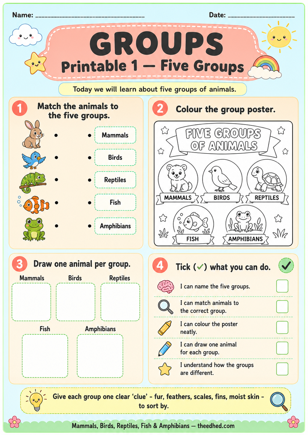 A printable educational worksheet titled 'GROUPS Printable 1 - Five Groups' for children, featuring four numbered activity panels with animal illustrations and coloring tasks.