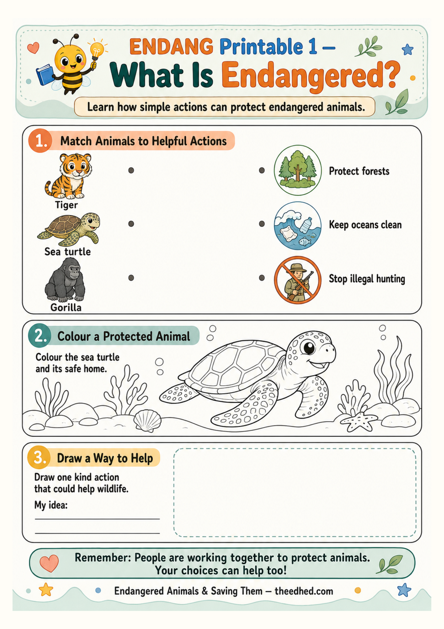 A children's educational printable poster titled 'ENDANG Printable 1 - What Is Endangered?' with illustrated animals, conservation icons, and activity sections for matching, coloring, and drawing.