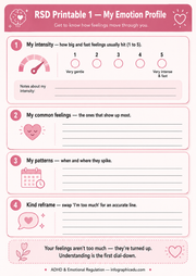 Emotion profile worksheet for self-assessment with pink and white design