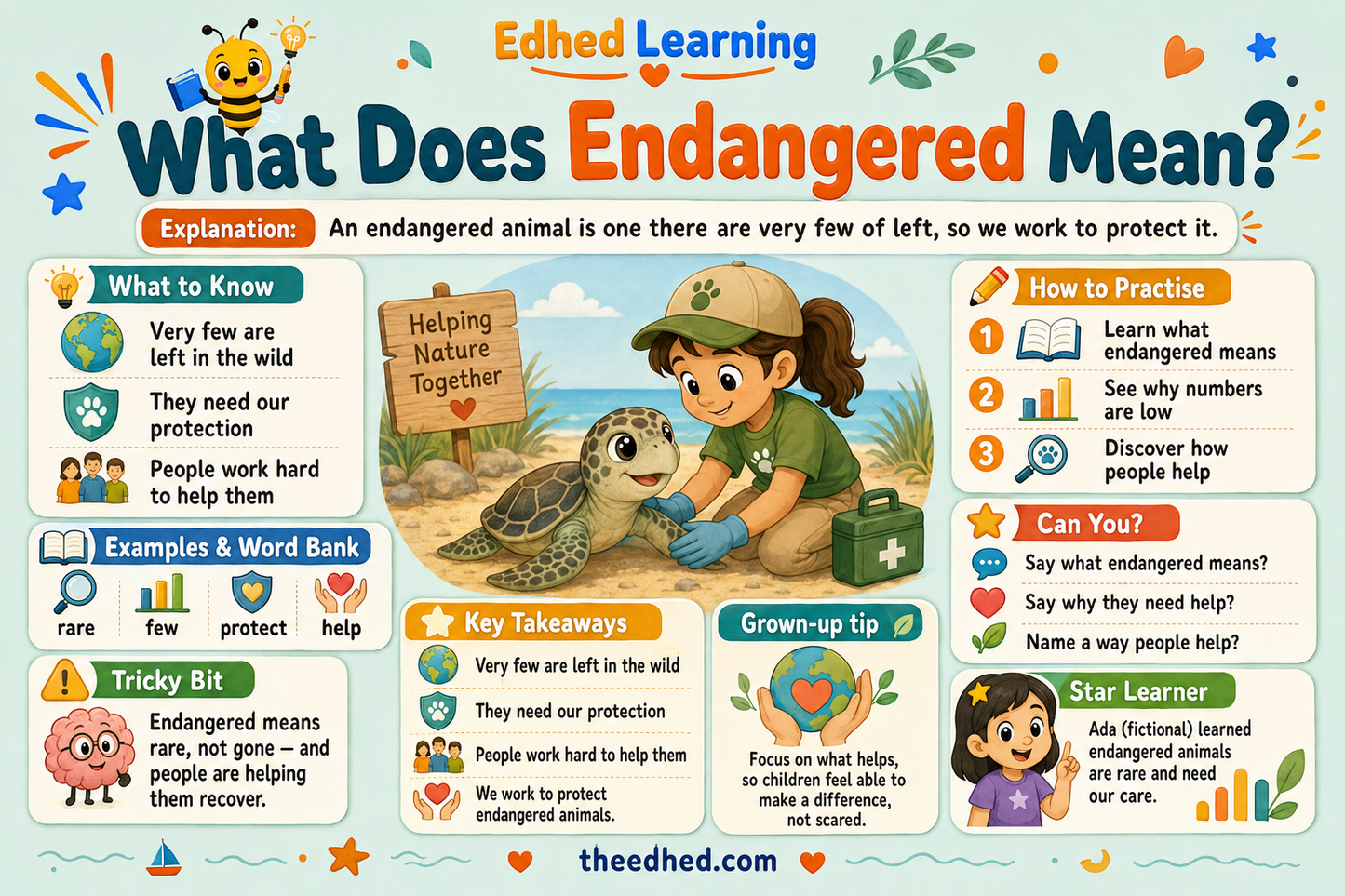 An educational poster titled 'What Does Endangered Mean?' from Edhed Learning, featuring a central illustration of a girl reading a 'Helping Nature Together' sign next to a turtle, surrounded by colorful informational panels with text and icons.