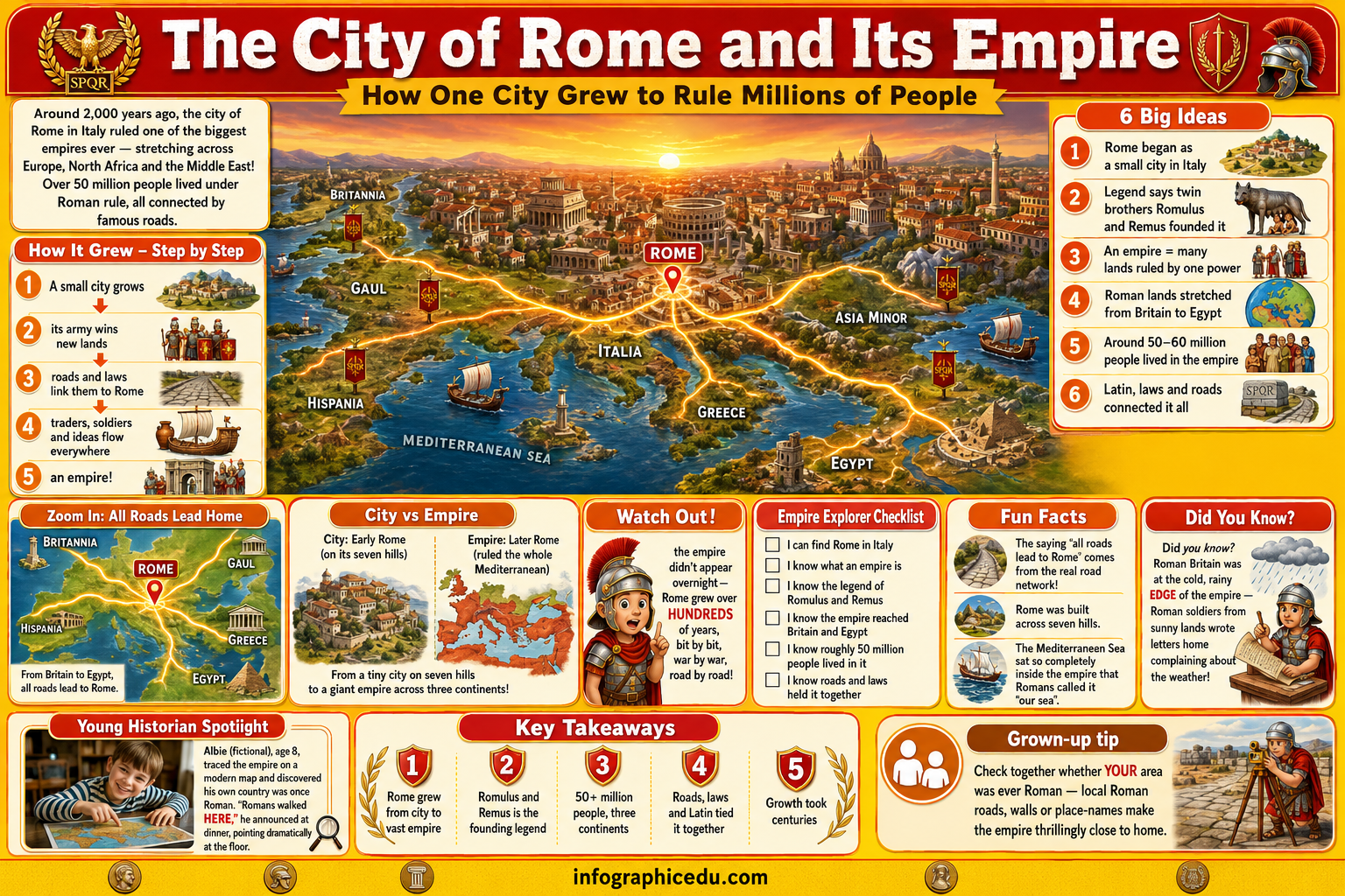 Educational poster about the City of Rome and its Empire with maps and illustrations.