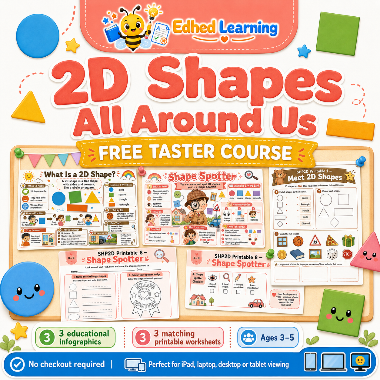 FREE 2D Shapes All Around Us 3-lesson taster course with 3 infographics and 3 printable worksheets for ages 3 to 5