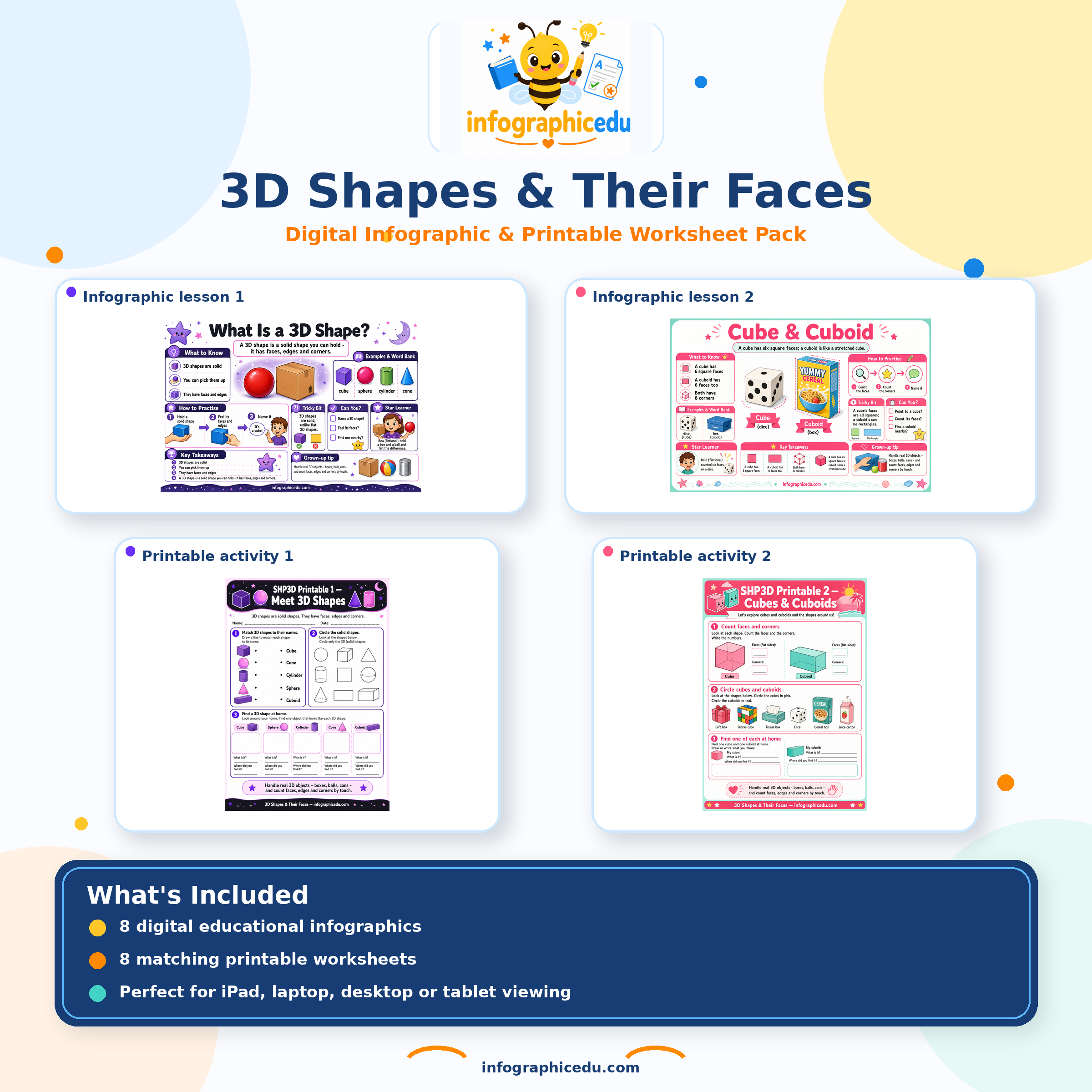 3D Shapes & Their Faces digital course pack with InfographicEDU logo, infographic and worksheet previews