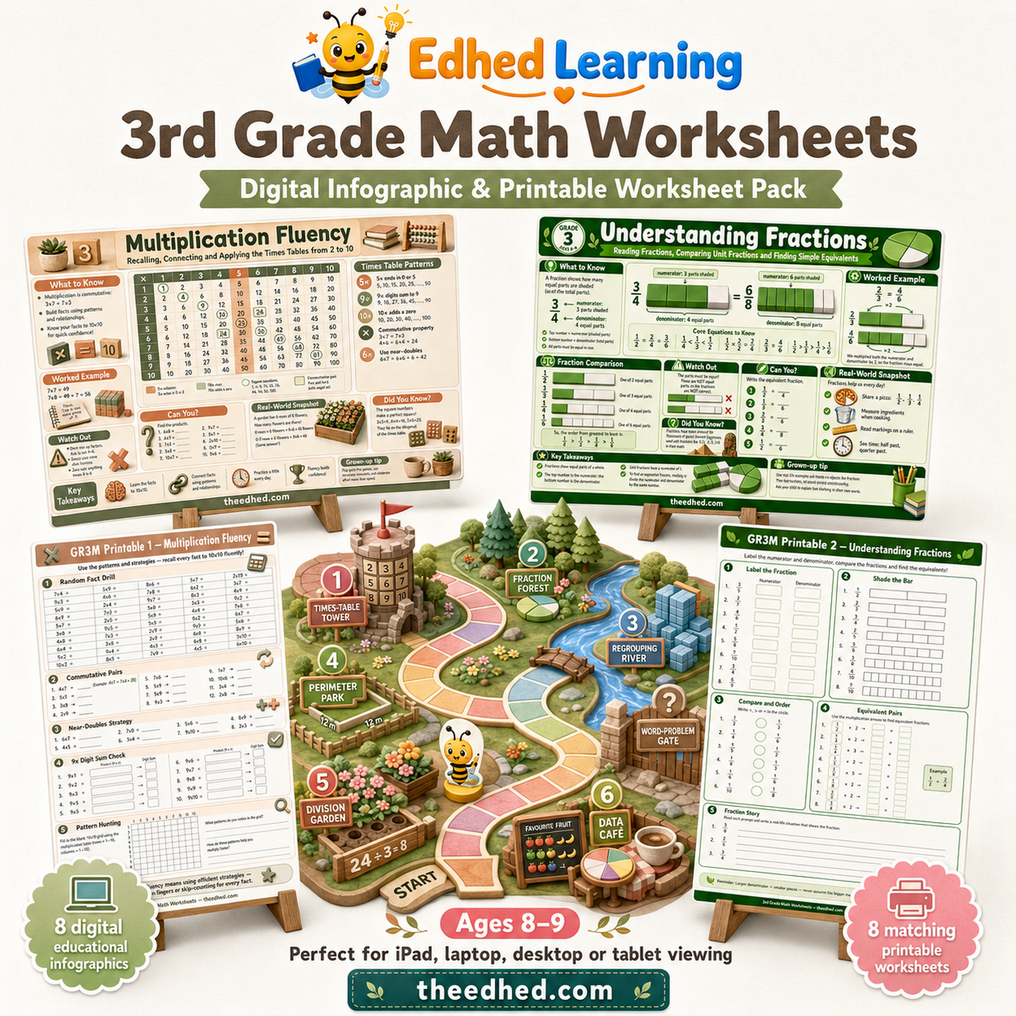 3rd Grade Math Worksheets digital course with 8 infographics and 8 printable worksheets for ages 8 to 9