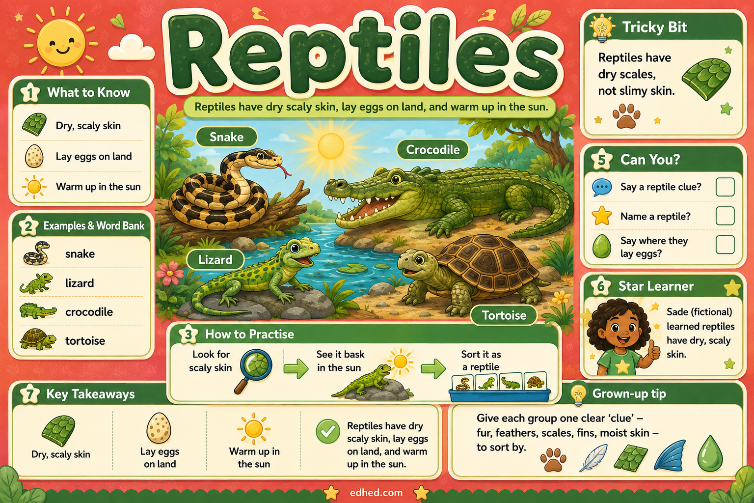 A colorful educational poster titled 'Reptiles' with illustrated animals, fact boxes, a word bank, and learning tips on a bright coral background.