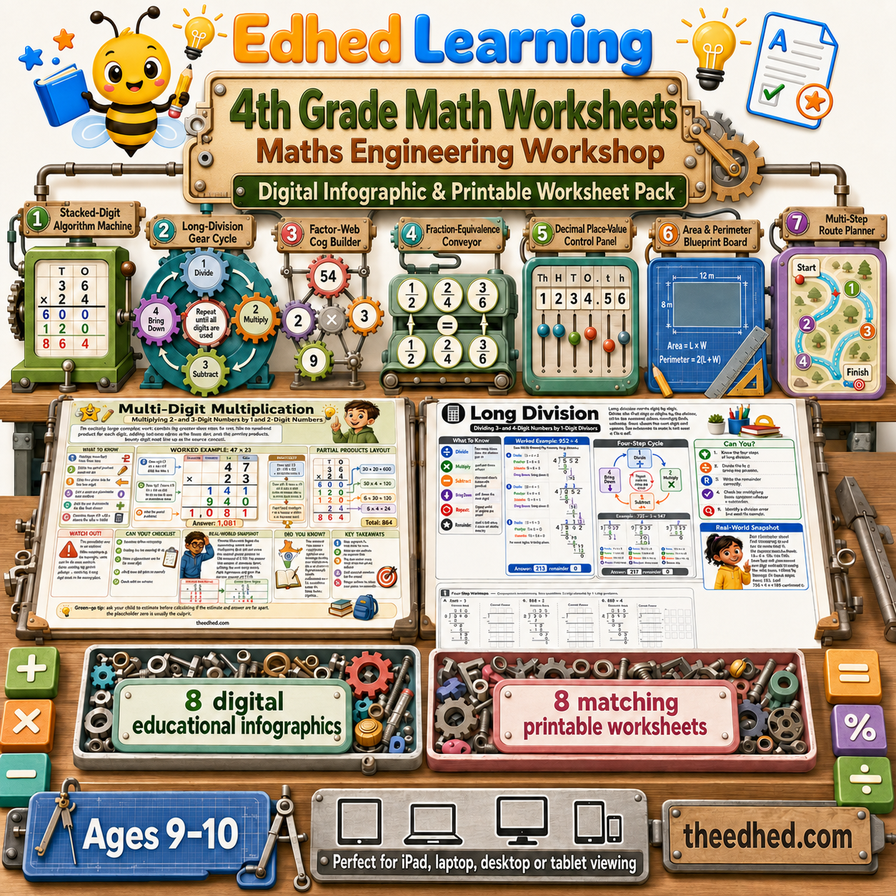 4th Grade Math Worksheets digital infographic and printable worksheet pack for ages 9 to 10