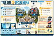 Infographic comparing website and social media strategies for business growth.