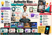 Infographic on authority bias and trust in experts with various elements and text.
