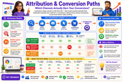 Infographic on attribution and conversion paths with various icons and text.