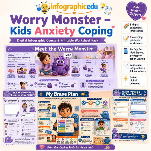 Worry Monster – Kids Anxiety Coping Digital Infographic Course & Printable Worksheet Pack