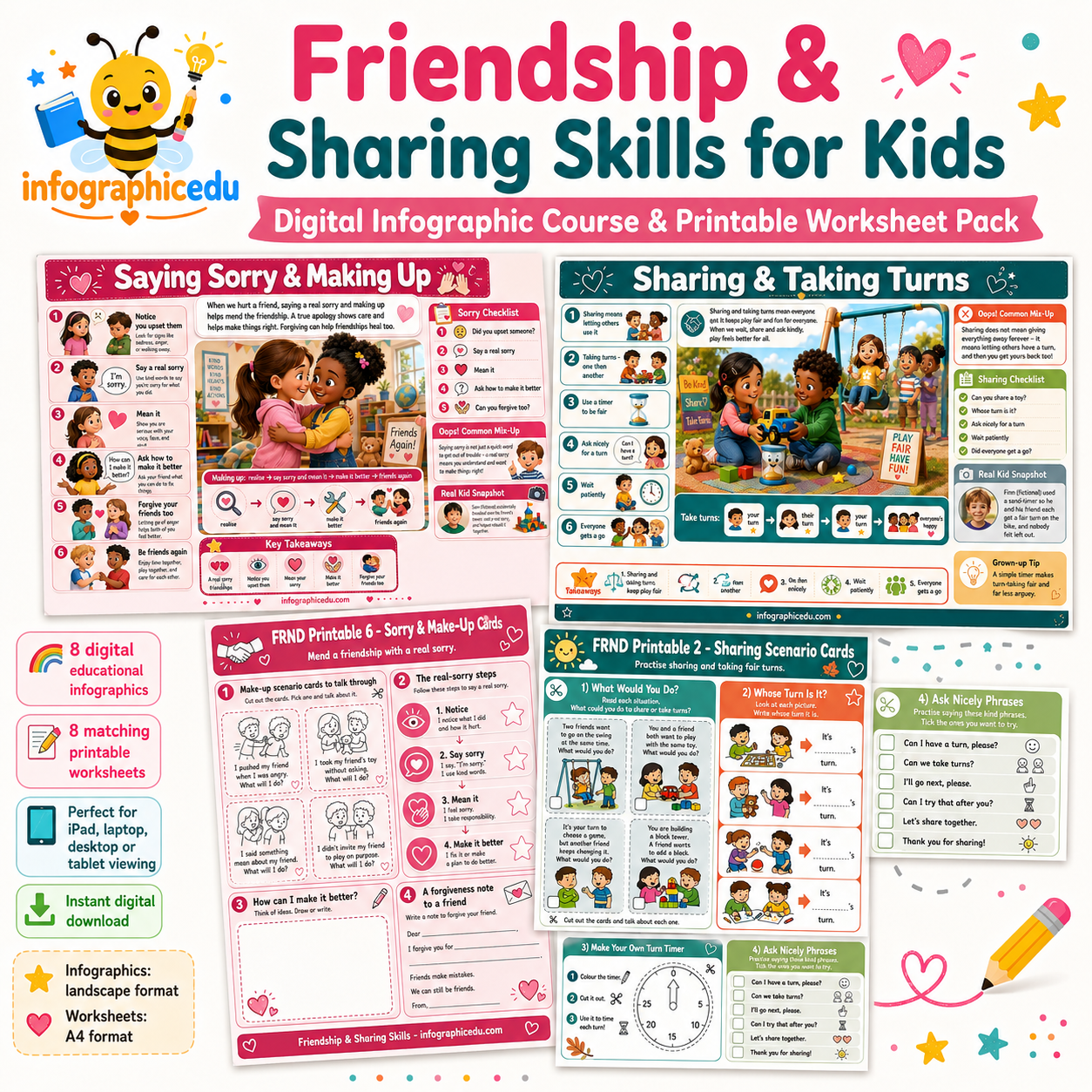 Friendship & Sharing Skills for Kids – Kids Digital Infographic Course & Printable Worksheet Pack