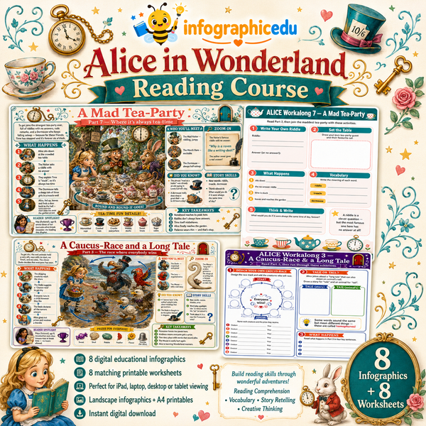 Alice in Wonderland Reading Course – Digital Infographic & Printable Worksheet Pack