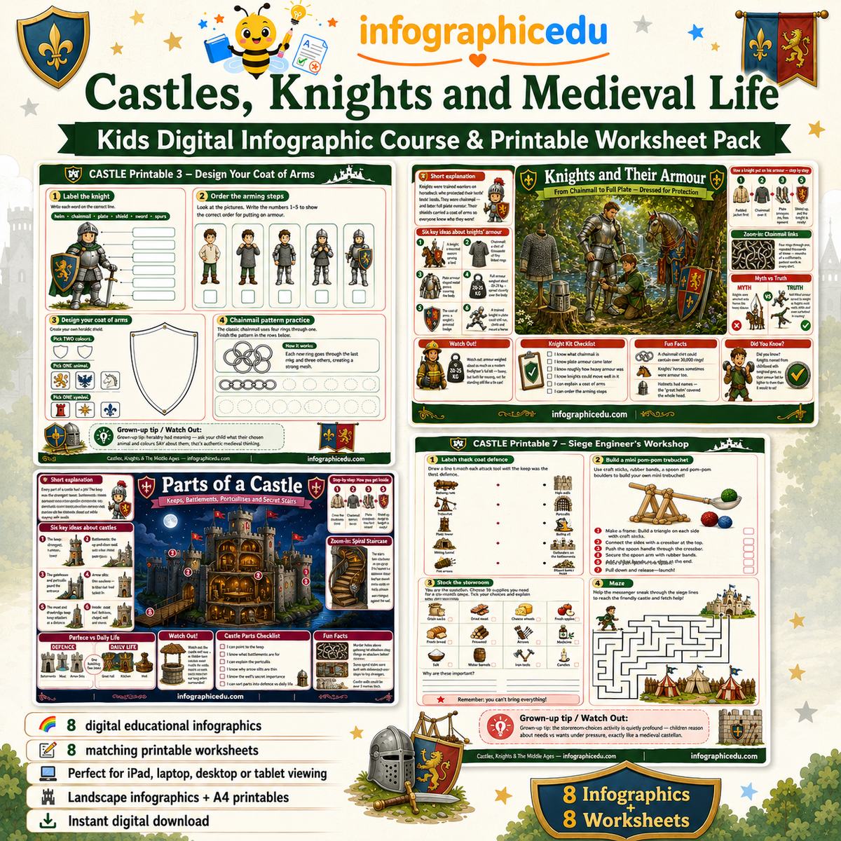 Castles, Knights & Medieval Life – Kids Digital Infographic Course & Printable Worksheet Pack