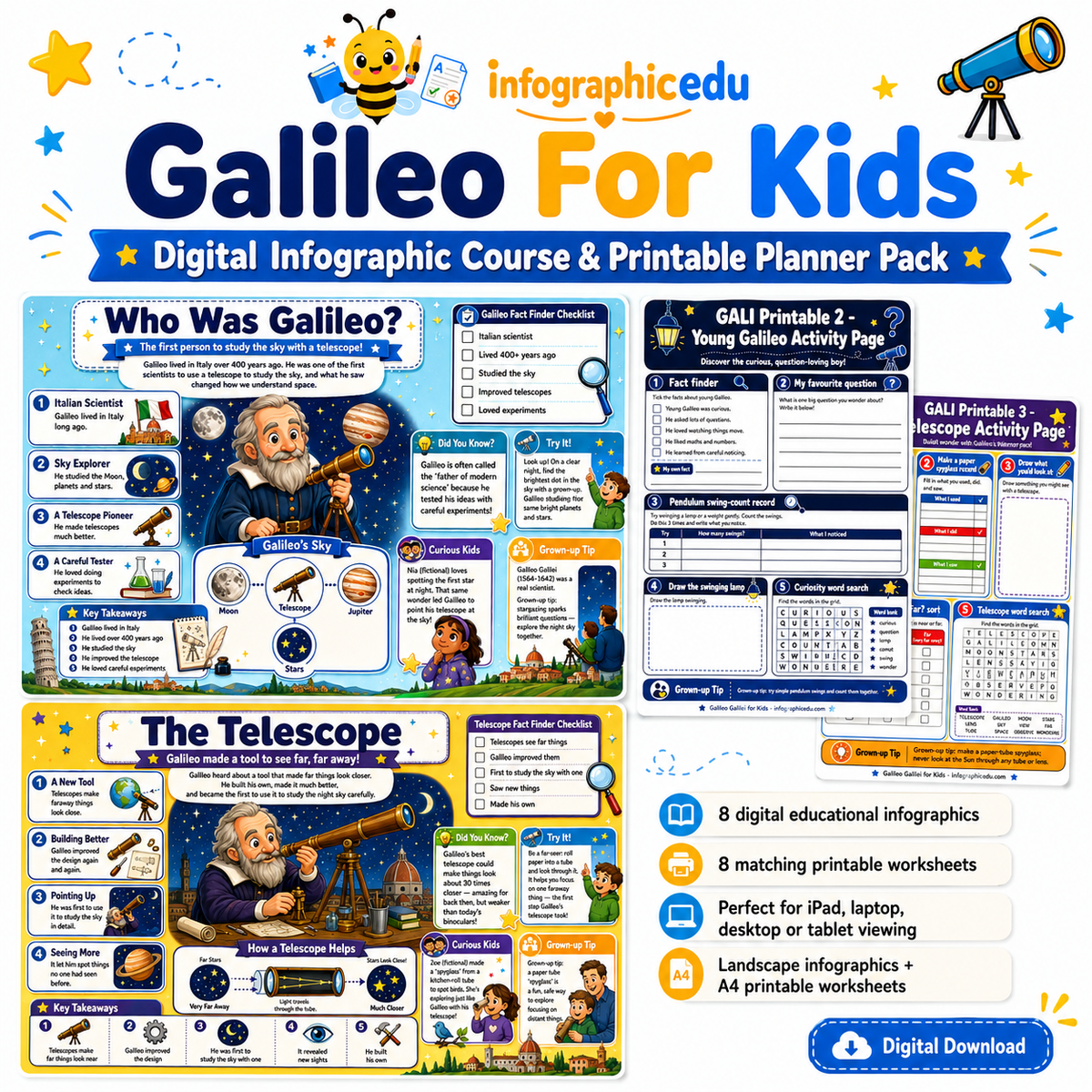 Galileo for Kids digital infographic course and printable planner pack cover from Infographic EDU