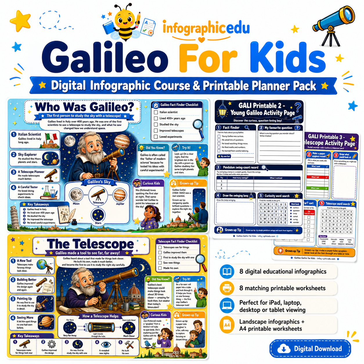 Galileo for Kids digital infographic course and printable planner pack cover from Infographic EDU