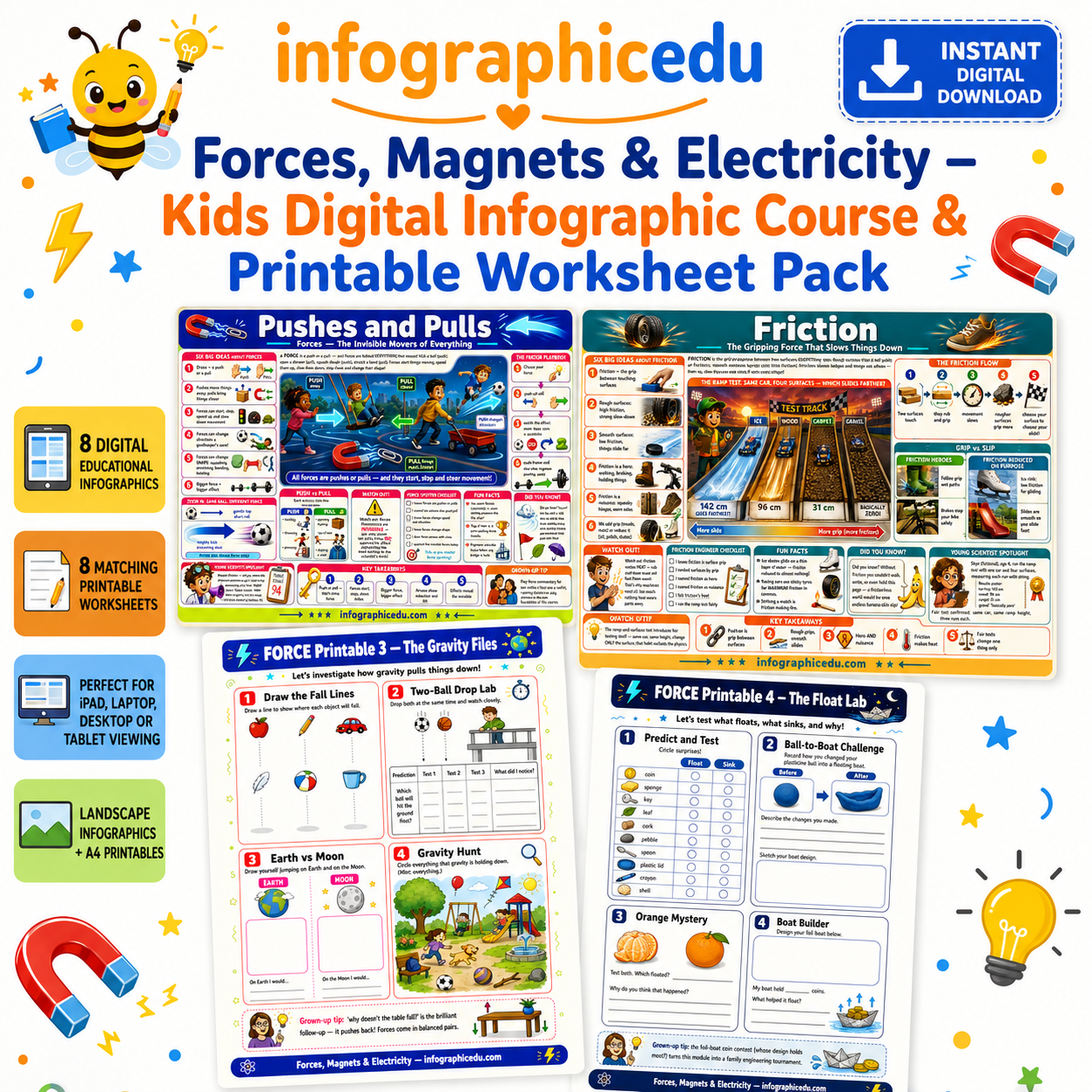 Forces, Magnets & Electricity for Kids digital infographic course and printable worksheet pack cover from Infographic EDU