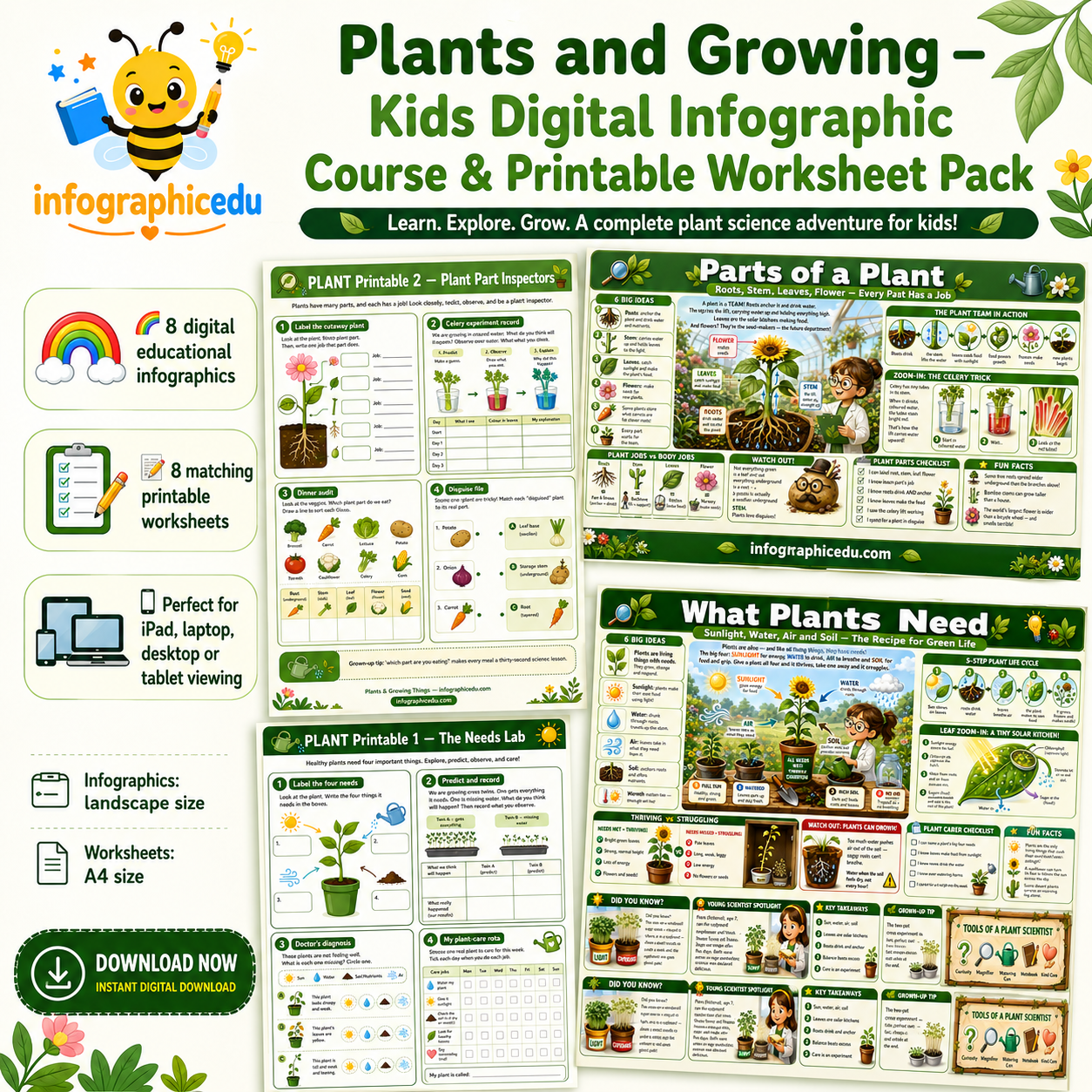 Plants & Growing for Kids digital infographic course and printable worksheet pack cover from Infographic EDU