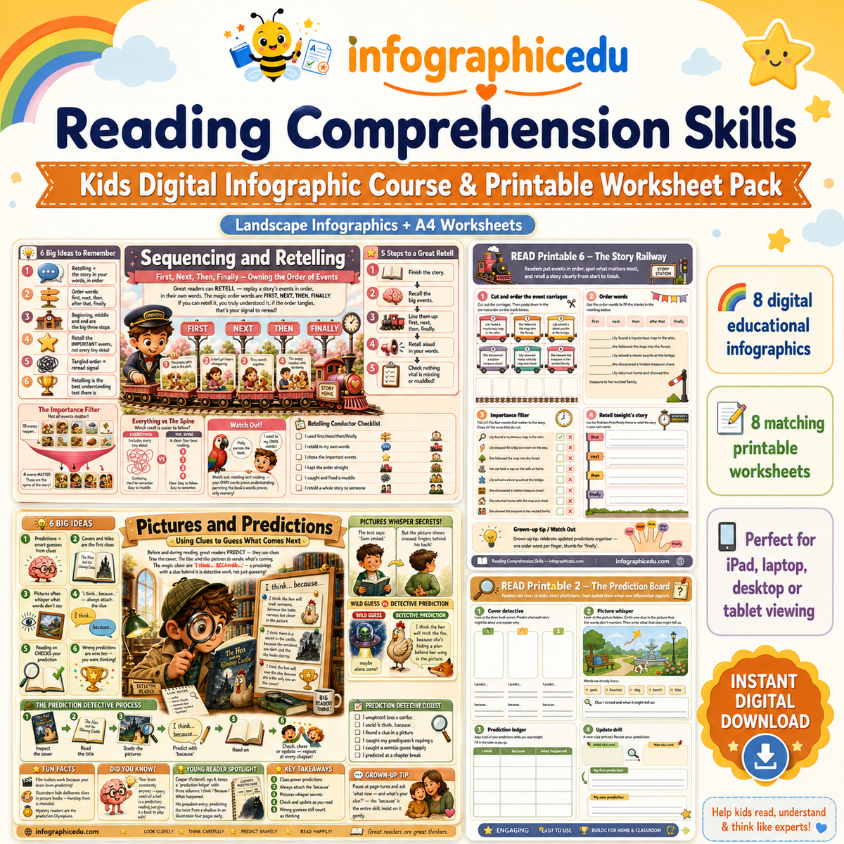 Reading Comprehension Skills for Kids digital infographic course and printable worksheet pack cover from Infographic EDU