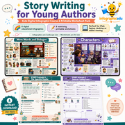Story Writing for Young Authors digital infographic course and printable worksheet pack cover from Infographic EDU