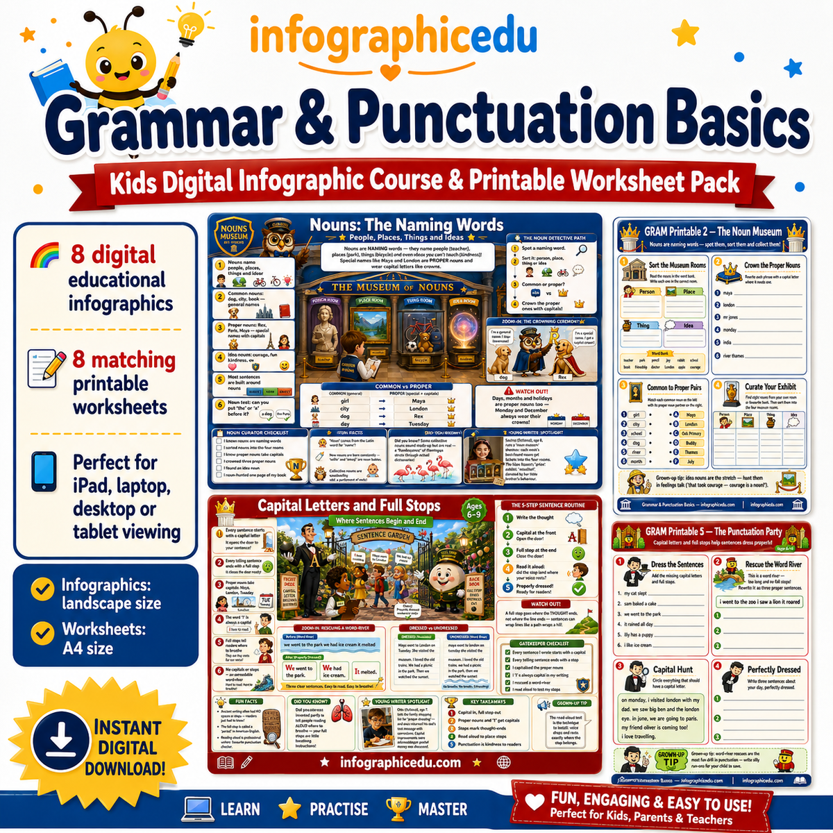 Grammar & Punctuation Basics for Kids digital infographic course and printable worksheet pack cover from Infographic EDU