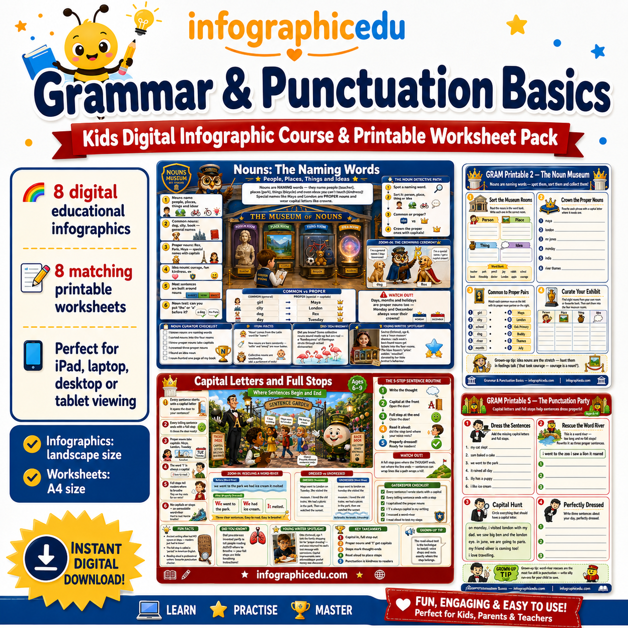 Grammar & Punctuation Basics for Kids digital infographic course and printable worksheet pack cover from Infographic EDU