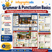 Grammar & Punctuation Basics for Kids digital infographic course and printable worksheet pack cover from Infographic EDU