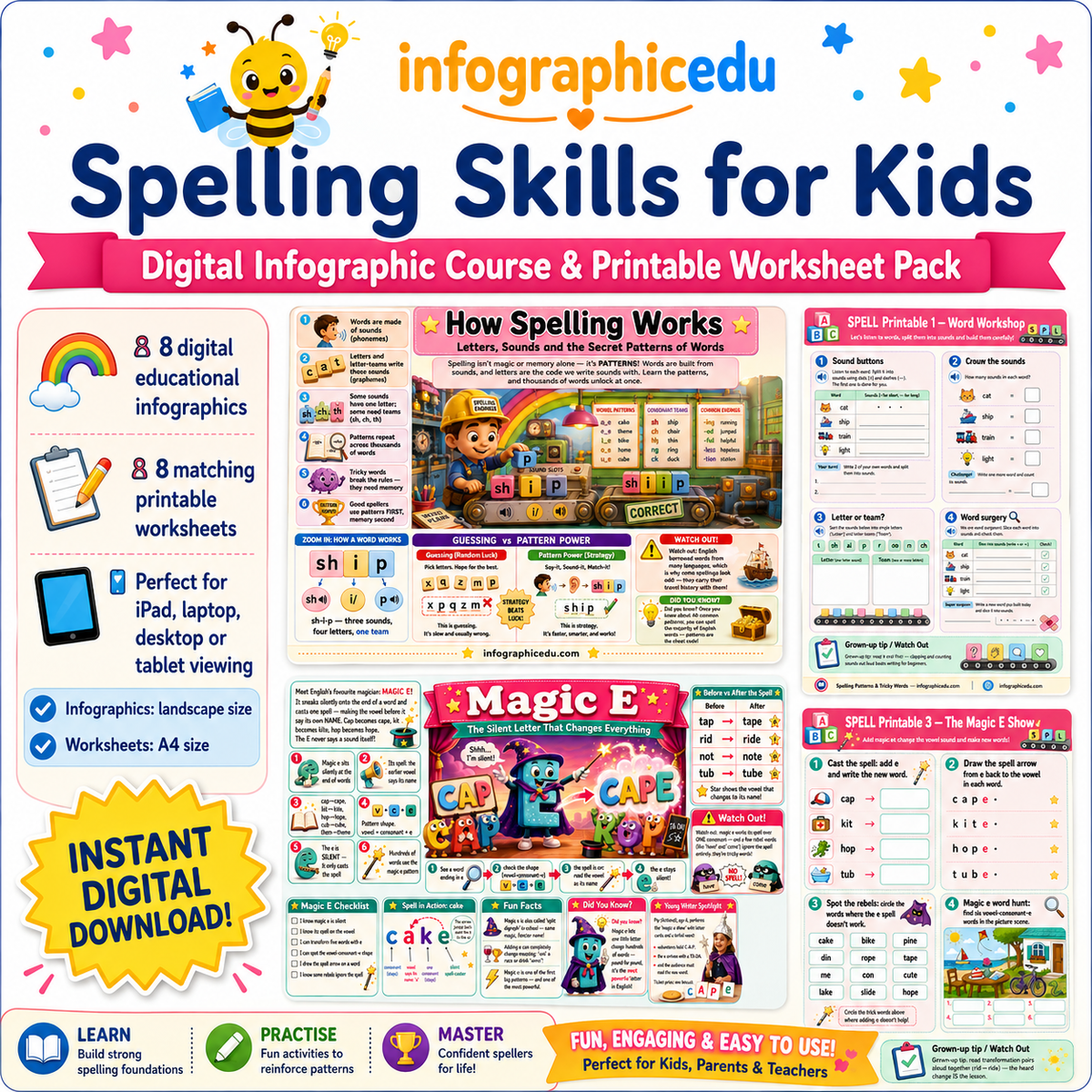 Spelling Skills for Kids digital infographic course and printable worksheet pack cover from Infographic EDU