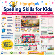 Spelling Skills for Kids digital infographic course and printable worksheet pack cover from Infographic EDU