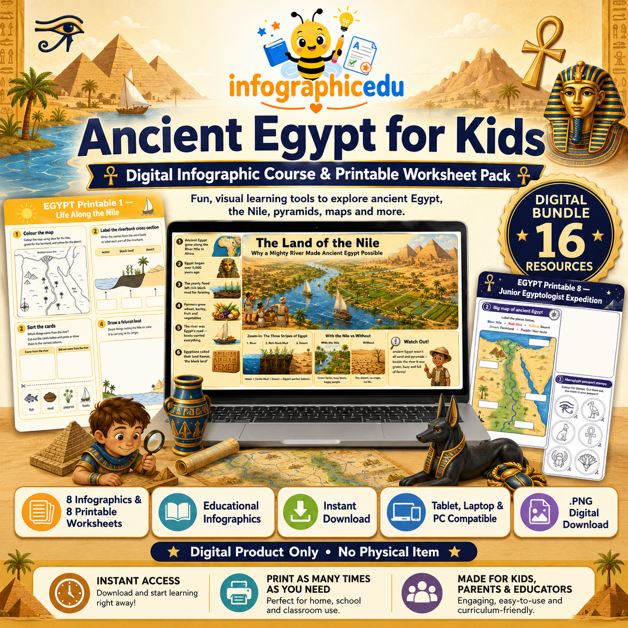 Ancient Egypt for Kids digital infographic course and printable worksheet pack cover from Infographic EDU