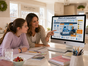 Two women in a kitchen looking at a computer screen with educational content on AI Automation.