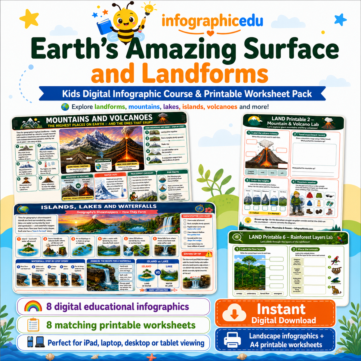 Earth's Amazing Surface & Landforms for Kids digital infographic course and printable worksheet pack cover from Infographic EDU