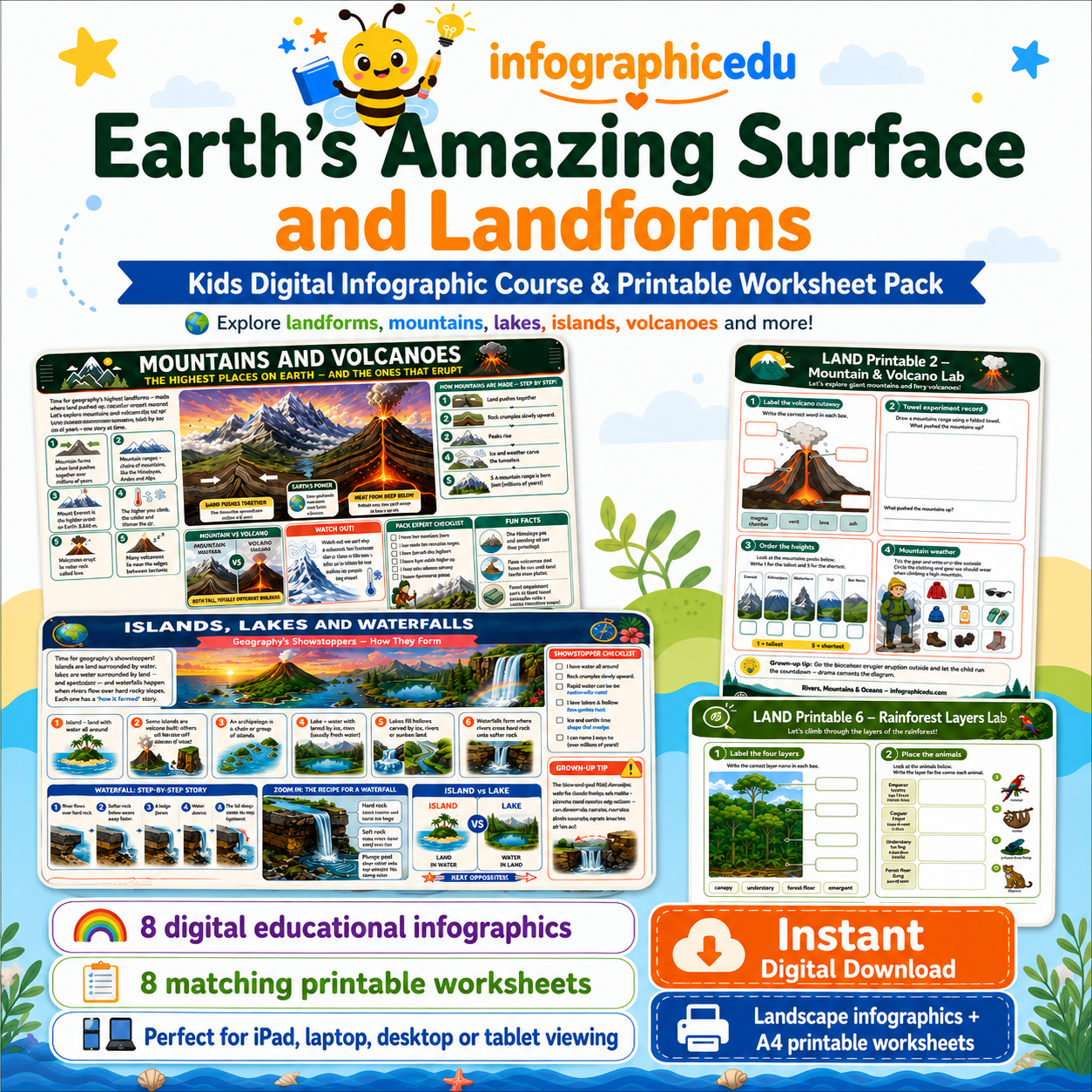 Earth's Amazing Surface & Landforms for Kids digital infographic course and printable worksheet pack cover from Infographic EDU