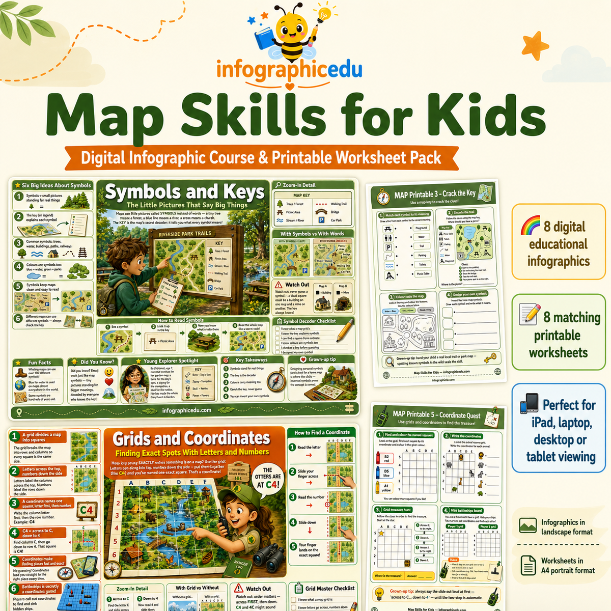 Map Skills for Kids digital infographic course and printable worksheet pack cover from Infographic EDU