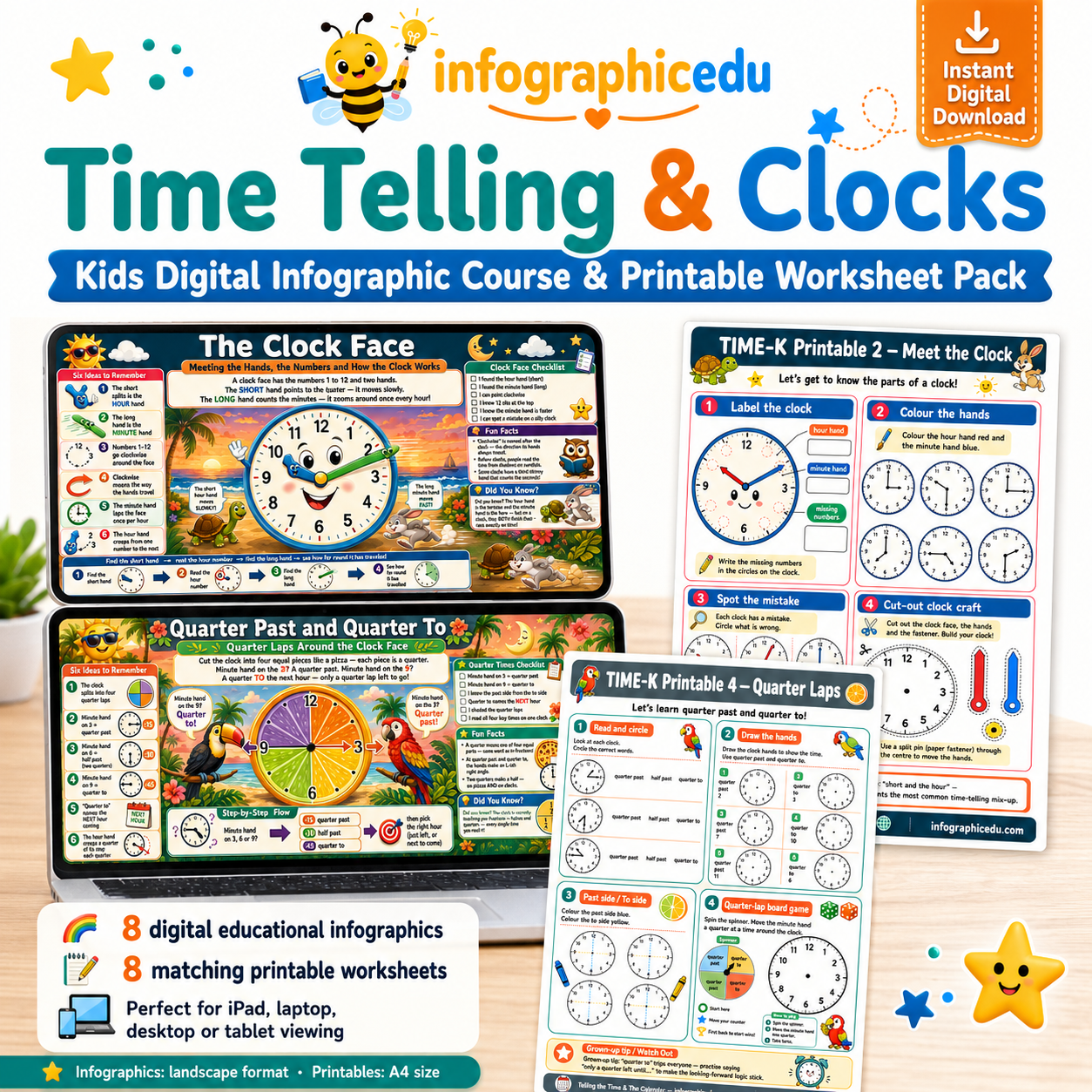 Time Telling & Clocks for Kids digital infographic course and printable worksheet pack cover from Infographic EDU
