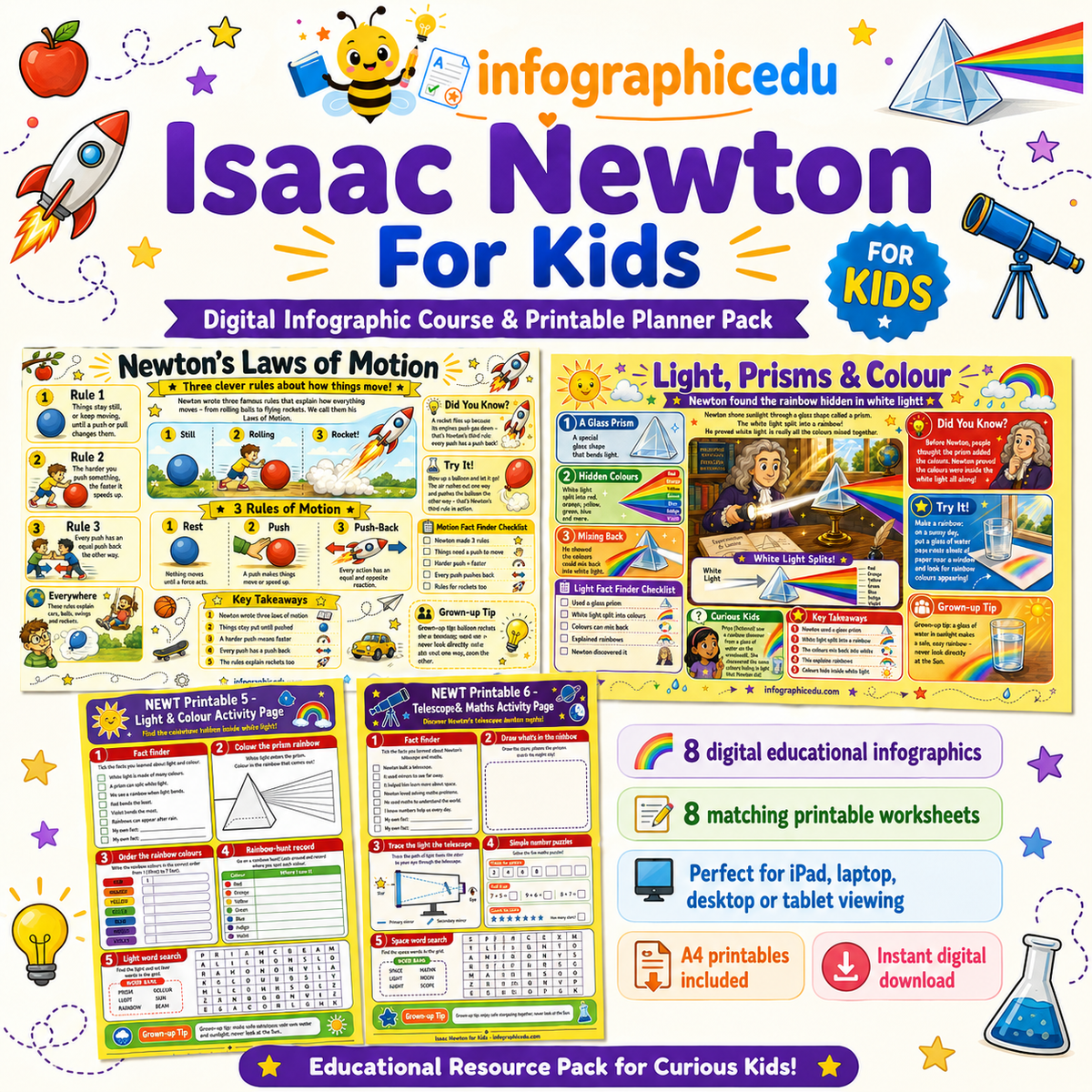 Isaac Newton For Kids – Digital Infographic Course & Printable Planner Pack