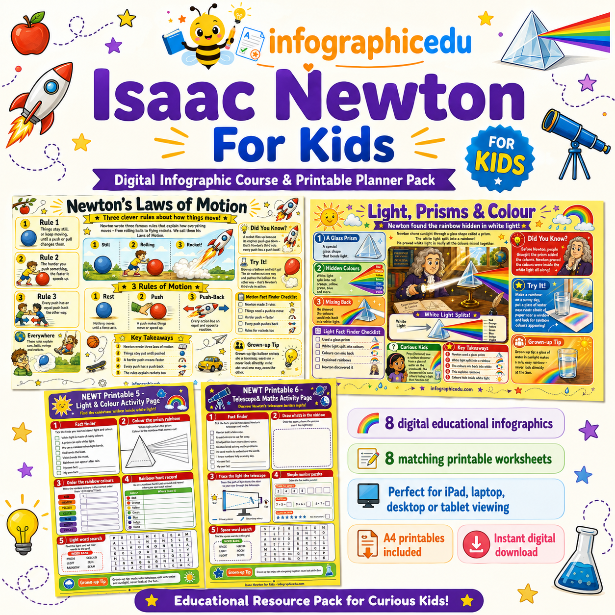 Isaac Newton For Kids – Digital Infographic Course & Printable Planner Pack