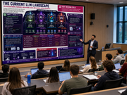 Person giving a presentation on a large screen displaying the current LLM landscape.