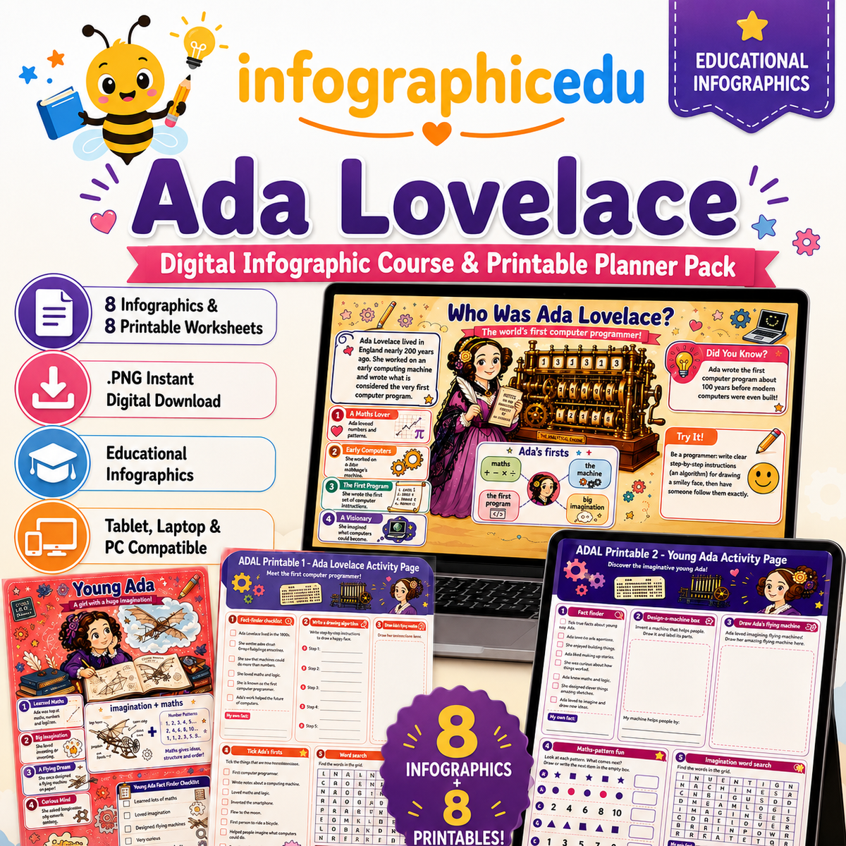 Ada Lovelace for Kids digital infographic course and printable planner pack cover from Infographic EDU
