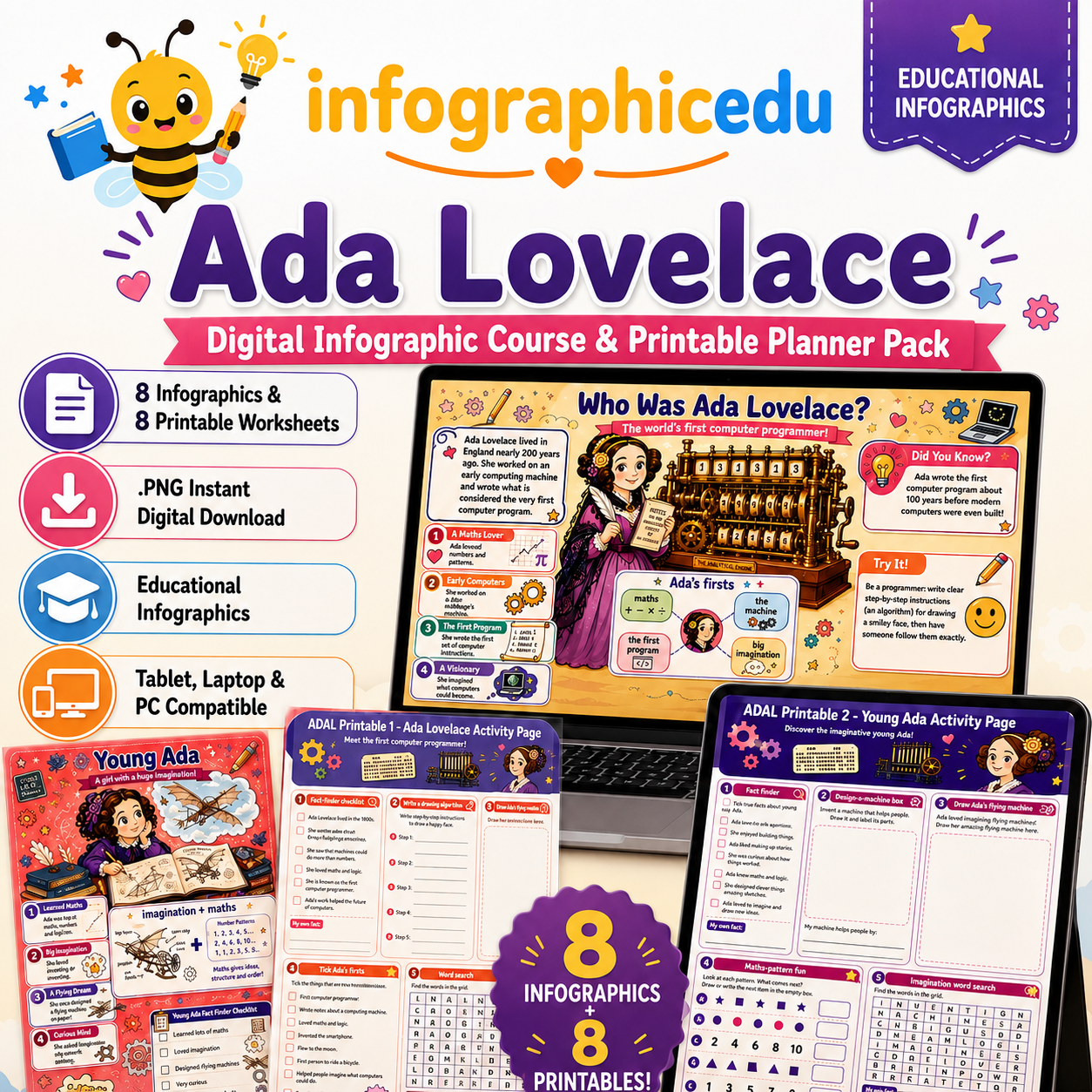 Ada Lovelace for Kids digital infographic course and printable planner pack cover from Infographic EDU