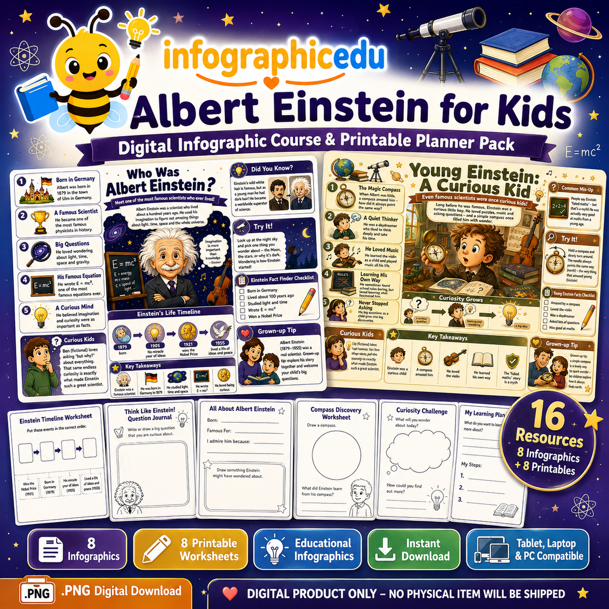 Albert Einstein for Kids digital infographic course and printable planner pack cover from Infographic EDU