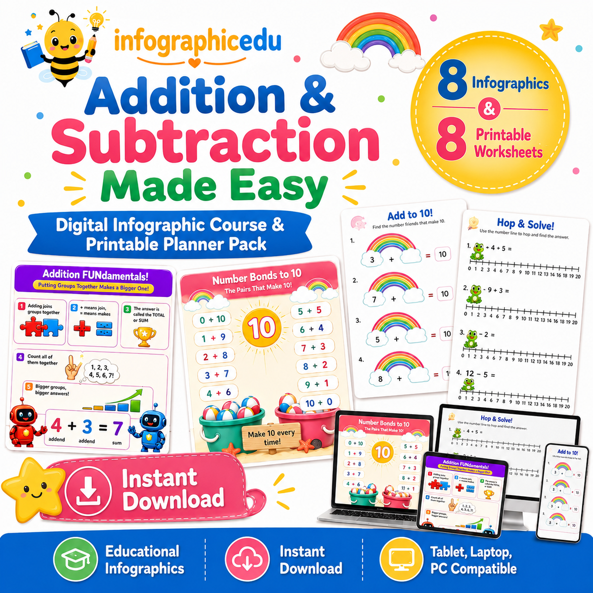 Addition & Subtraction for Kids digital infographic course and printable worksheet pack cover from Infographic EDU