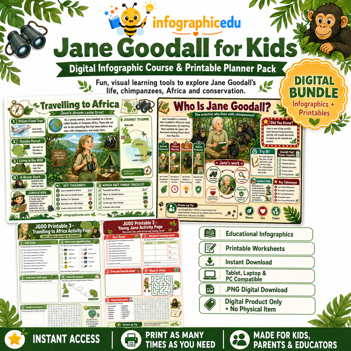 Jane Goodall for Kids digital infographic course and printable planner pack cover from Infographic EDU