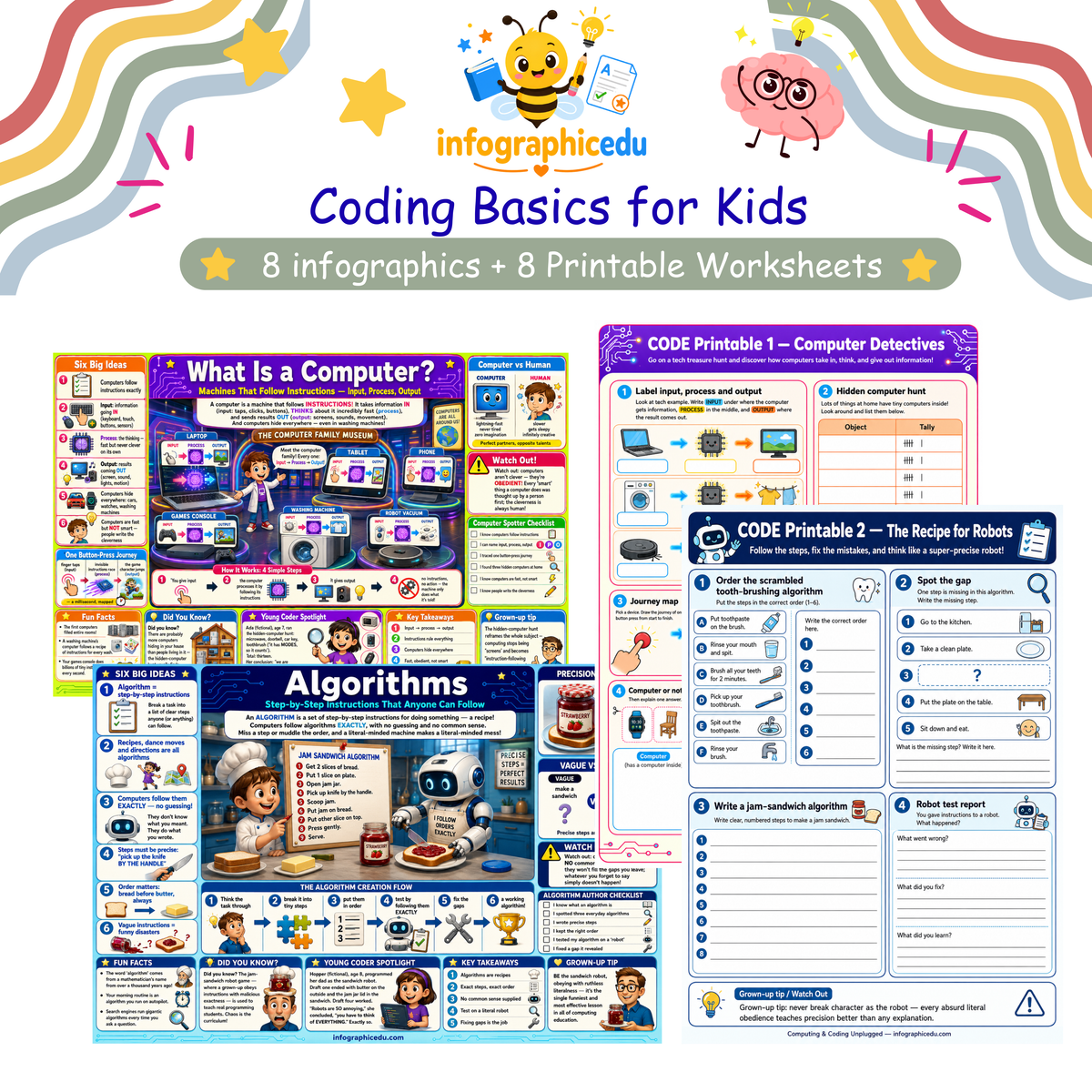 Coding Basics for Kids digital infographic course and printable worksheet pack cover from Infographic EDU